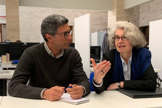 Xavière Missionary Sister Nathalie Becquart, undersecretary of the Synod of Bishops, speaks to Iacopo Scaramuzzi, a reporter for La Repubblica, in the Vatican press office April 26, 2023. The Vatican had just announced Pope Francis' decision to have women and laymen as voting members of the synod.