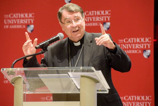 Cardinal-designate Christophe Pierre, apostolic nuncio to the United States, gives the annual Cardinal Darden Lecture at The Catholic University of America in Washington April 26, 2023. Pope Francis will elevate Cardinal-designate Pierre to the College of Cardinals during a consistory at the Vatican Sept. 30.