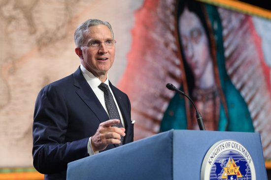 Supreme Knight Patrick E. Kelly delivers his annual report at the opening business session of the Knights of Columbus 141st Supreme Convention in Orlando, Fla., Aug. 1, 2023.