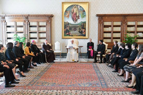 Pope Francis meets with representatives of CEPROME, a safeguarding research and formation center from Latin America, at the Vatican Sept. 25, 2023.