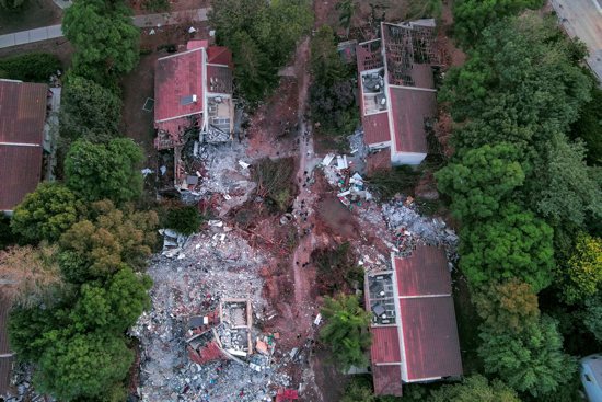 An aerial view shows destroyed homes in the kibbutz Be’eri, Israel, Oct. 11, 2023, following a mass infiltration by Hamas gunmen from the Gaza Strip. The Israel-Hamas war so far has claimed more than 2,600 lives.