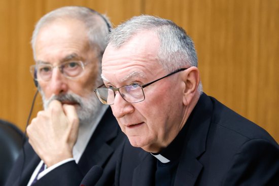 Cardinal Pietro Parolin, Vatican secretary of state, speaks at the conference "New Documents from the Pontificate of Pope Pius XII" as Rabbi Riccardo Di Segni listens at the Pontifical Gregorian University in Rome, Oct. 9, 2023.