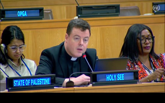 Msgr. Robert Murphy, the Holy See's deputy permanent observer to the United Nations, reads a statement at a committee meeting during the U.N. General Assembly in New York Oct. 4, 2023.