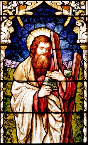 A stained-glass image of St. Andrew is pictured in an undated photo.