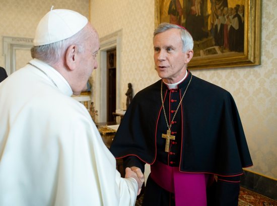 File photo of Pope Francis greeting Bishop Joseph E. Strickland of Tyler, Texas, during a Jan. 20, 2020, meeting with U.S. bishops from Arkansas, Oklahoma and Texas during their "ad limina" visits to the Vatican. The Holy See Press Office announced Nov. 11, 2023, that Pope Francis has removed Bishop Strickland from the pastoral governance of the Diocese of Tyler.