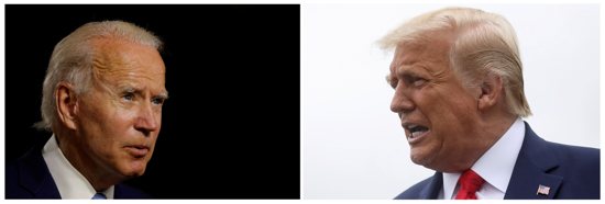 A combination photo shows Democratic presidential nominee Joe Biden and President Donald Trump. The first presidential debate takes place in Cleveland Sept. 29, 2020. A New York Times/Siena College battleground states poll finds that in each of six battleground states, a plurality of voters say Trump is bad for democracy and that if Biden faced not Trump but "generic" Republican, that nominee would lead Biden by between 14 and 18 points.