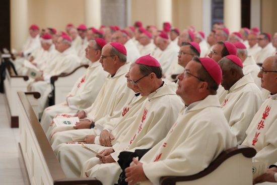 Bishops attend Mass Nov. 14, 2022, at the Basilica of the National Shrine of the Assumption of the Blessed Virgin Mary in Baltimore at the start of their 2022 fall plenary assembly. The historic basilica was again the worship site for the opening Mass of the U.S. Conference of Catholic Bishops' 2023 fall plenary assembly, which opened Nov. 13 with a morning of prayer, reflection and confession, followed by a Mass for peace at the basilica.