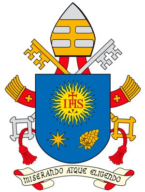 This is the coat of arms of Pope Francis. The insignia borrows much from his former episcopal emblem. On the blue shield is the symbol of the Society of Jesus. Below it is a star and the buds of a spikenard flower, which represent respectively Mary and St. Joseph. The papal motto is the Latin phrase "Miserando atque eligendo," which means "because he saw him through the eyes of mercy and chose him" or more simply, "having mercy, he called him." The phrase comes from a homily by St. Bede.