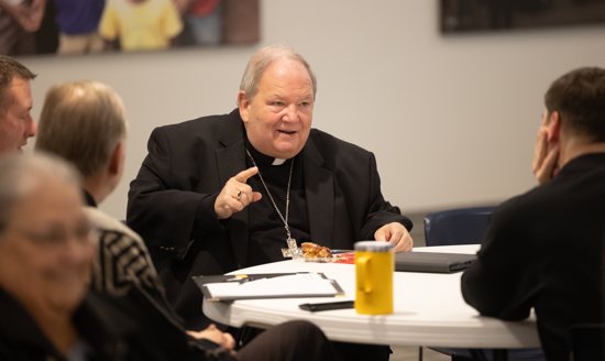 Archbishop Bernard Hebda talks to people gathered for a Jan. 17 meeting of parish administrators and pastors at the Archdiocesan Catholic Center in St. Paul.
