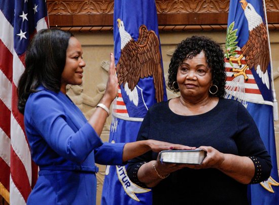 Kristen Clarke is sworn in May 25, 2021, as assistant attorney general for the Civil Rights Division at the Department of Justice in Washington, with her mother, Pansy Clarke, next to her. Six pro-life activists were convicted Jan. 30, 2024, of federal civil rights offenses brought by the Justice Department for their March 5, 2021, blockade of an abortion clinic in Mount Juliet, Tenn.