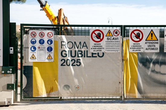 Construction is underway at the intersection of Piazza Pia and Via della Conciliazione, the wide boulevard leading to St. Peter's Square, in preparation for the Holy Year at the Vatican Jan. 23, 2024.