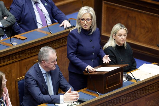 Michelle O'Neill, newly elected as the first minister of Northern Ireland, speaks during a meeting of the legislative assembly in Belfast Feb. 3, 2024. O'Neill is Northern Ireland's first Catholic in the leadership post in history. In Northern Ireland, the title "First Minister" is equivalent to prime minister used elsewhere.