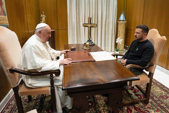Pope Francis and Ukrainian President Volodymyr Zelenskyy meet May 13, 2023, in the pope's studio at the back of the Vatican audience hall.
