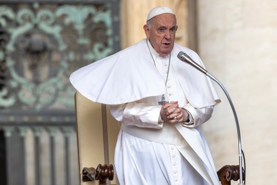 Pope Francis begins his weekly general audience with a prayer in a windy St. Peter's Square at the Vatican April 10, 2024.