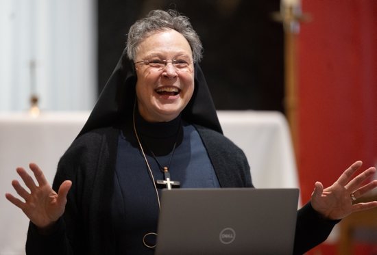 Sister of Mercy Esther Mary Nickel talks about the Mas during her presentation at a gathering April 26 at St. John Neumann in Eagan centered on implementing Archbishop Bernard Hebda’s pastoral letter.