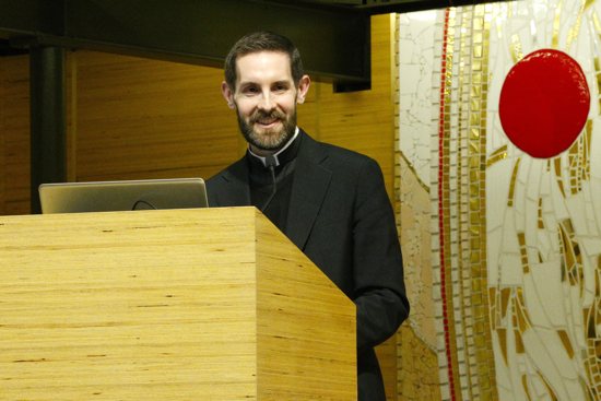 Legionary of Christ Father Michael Baggot, a professor at the Pontifical Athenaeum Regina Apostolorum, speaks during a forum on AI and the Catholic Church at the Pontifical Oriental Institute in Rome April 18, 2024.