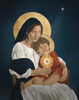 This image by Valerie Delgado, owner of the online sacred art shop Pax Beloved, shows Mary holding a monstrance that magnifies Jesus’ heart. It adorns promotional material for the Star of the North National Eucharistic Congress, which will promote devotion to Christ’s Eucharistic heart, organizers say.