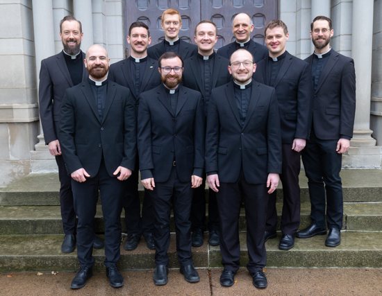 The 2024 priest ordination class includes, front row, from left: Deacons Nicholas Vance, Sean Mulcare and Alexander Rasset; back row: Deacons Brent Bowman, Francis Floeder, Christopher Yanta, Ryan Sustacek, Derek Gilde, Philip Conklin and Michael Panka. Not pictured: Deacons Joseph Wappes, Michael Maloney and Hjalmar Blondal Gudjonsson. 