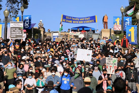 Protesters gather at the University of California Los Angeles May 1, 2024, to demonstrate against Israel's ongoing military offensive on the Palestinian Islamist group Hamas in response to the Oct. 3, 2023, attacks on Israel by Hamas that resulted in kidnappings and hundreds of deaths.