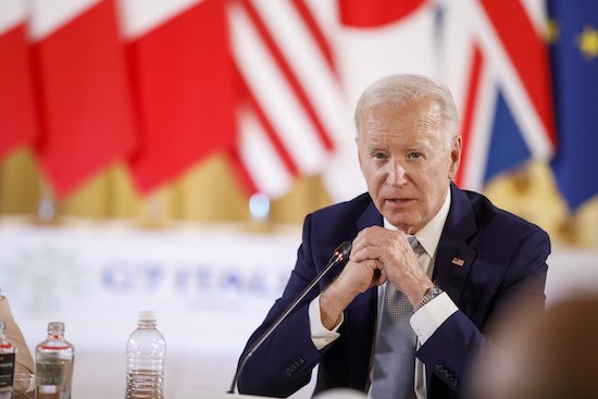 U.S. President Joe Biden attends one of the early sessions at the Group of Seven summit in Borgo Egnazia, in Italy's southern Puglia region, June 13, 2024. He was set to meet Pope Francis for a bilateral meeting June 14.