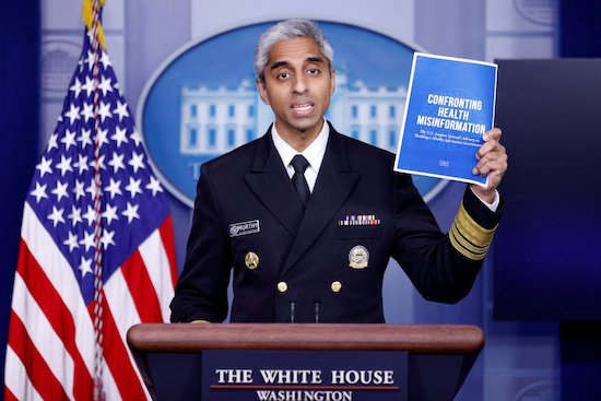 U.S. Surgeon General Dr. Vivek Murthy delivers remarks during a news conference at the White House in Washington July 15, 2021. In an opinion piece in The New York Times June 17, 2024, Murthy called for health warning labels on social media platforms  -- similar to those federally mandated since 1965 for tobacco products. On May 23, 2023, Murthy released a 21-page advisory  that called for "emergency action at all levels over youth social media usage for the sake of their mental health." 