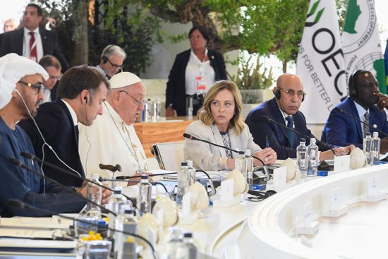 Italian Prime Minister Giorgia Meloni looks on as Pope Francis gives a speech on the benefits and dangers of artifical intelligence to world leaders attending the Group of Seven summit in Borgo Egnazia in Italy's southern Puglia region, June 14, 2024.