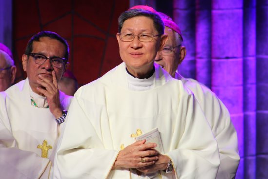 Cardinal Luis Antonio Tagle smiles during a July 19, 2024, press conference at the National Eucharistic Congress in Indianapolis.