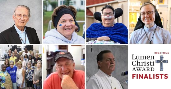 These are the seven finalists for the Catholic Extension Society's 2024-2025 Lumen Christi Award. Top row, from left: Father Earl Henley, a Missionary of the Sacred Heart, Diocese of San Bernardino, Calif.; Benedictine Sister Lisa Maurer, St. Scholastica Monastery, Duluth, Minn.; Sarah Alley, Diocese of Memphis, Tenn.; and Sister Mary Lisa Renfer, a Religious Sister of Mercy, Diocese of Knoxville, Tenn. Bottom row, from left: parishioners of Holy Rosary Catholic Church, Diocese of Birmingham, Ala.; Eddie Michael, Diocese of Lexington, Ky.; and Deacon Stephen Sellers, Diocese of Beaumont, Texas.