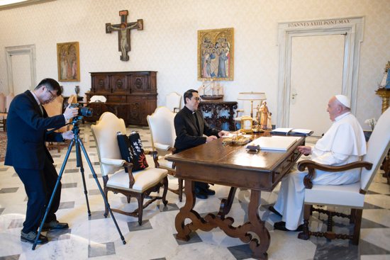 Pope Francis sits down for an interview with Jesuit Father Pedro Chia, director of communications for the Jesuit's Chinese Province, in the Apostolic Palace at the Vatican May 24, 2024.