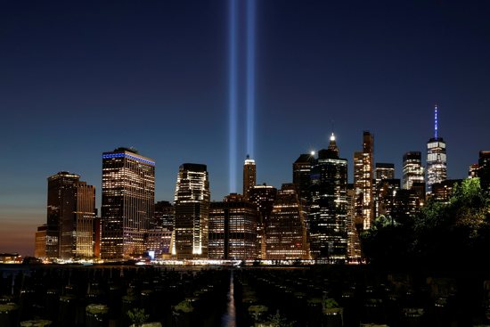 The Tribute in Light installation and the One World Trade Center tower are seen from Brooklyn Bridge Park in New York City Sept. 11, 2021, the 20th anniversary of the September 11 attacks.