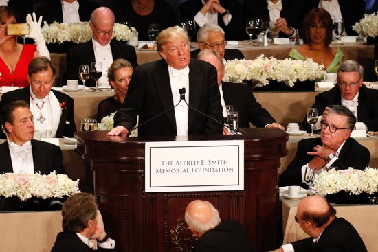 Then-Republican presidential nominee Donald Trump speaks during the 71st annual Alfred E. Smith Memorial Foundation Dinner in New York City Oct. 20, 2016. Trump and Vice President Kamala Harris were expected to share a multi-tiered dais with New York Cardinal Timothy M. Dolan and other church, political, business and social luminaries at the 79th annual dinner Oct. 17, 2024. Harris is not planning to attend the annual dinner this year, while Trump said Sept. 23 that he will be there. 