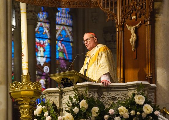 New York Cardinal Timothy M. Dolan delivers his homily during Easter Mass at St. Patrick's Cathedral in New York City March 31, 2024. A proposed state constitutional amendment New York voters will consider in November could have negative ramifications for Catholic concerns, the state's bishops argued in a statement Sept. 5.