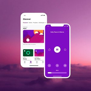 This is a rendering of the Catholic prayer and meditation app Hallow, which has experienced a dramatic increase in popularity since it was introduced in December 2018.