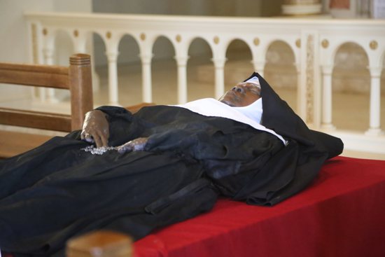 The apparently incorrupt body and religious habit of Sister Wilhelmina Lancaster, foundress of the Benedictines of Mary, Queen of Apostles, lies in repose in the church of the Abbey of Our Lady of Ephesus in Gower, Mo., May 21, 2023. An investigation by the Diocese of Kansas City-St. Joseph, Mo., found her body "does not appear to have experienced the decomposition that would have normally been expected under such previous burial conditions," according to an official diocesan announcement Aug. 22, 2024.
