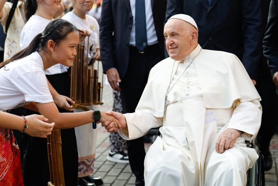 Pope Francis greets the faithful at the Cathedral of Our Lady of the Assumption in Jakarta, Indonesia, before a meeting with bishops, priests, deacons, religious, seminarians and pastoral workers Sept. 4, 2024.