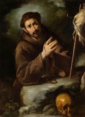 This 17th-century oil on canvas painting by Bernardo Strozzi titled "Saint Francis in Prayer" is part of the "Heavenly Earth: Images of Saint Francis at La Verna" exhibit at the National Gallery of Art in Washington.