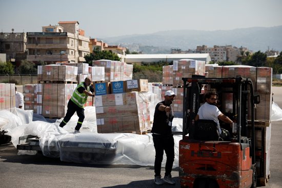 A shipment of medical aid from the World Health Organization and the U.N. High Commissioner for Refugees arrives at the Beirut-Rafic Hariri International Airport Oct. 4, 2024.