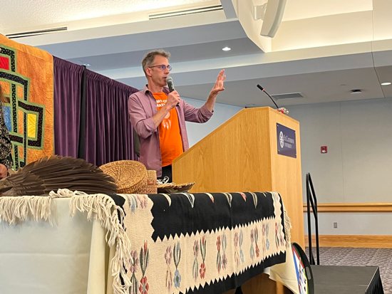 Robert Haarman, director of the archdiocesan Office of Indian Ministry and community minister of Gichitwaa Kateri in Minneapolis, addresses those gathered for an Oct. 5 event at St. Catherine University in St. Paul called “Toward Healing Minds and Hearts: Reflecting for Right Relationship and Conciliation,” hosted by the Catholic Racial Justice Coalition and Gichitwaa Kateri. 