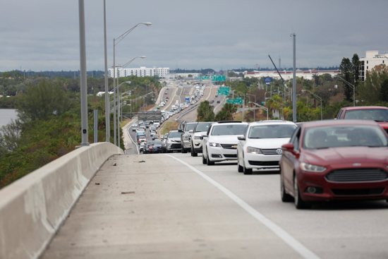 Heavy traffic begins to back up on Interstate 275 South as residents evacuate St. Petersburg, Fla., Oct. 7, ahead of Hurricane Milton. Florida’s storm-battered Gulf Coast is racing against the Category 5 hurricane as workers sprinted to pick up debris left over from Hurricane Helene two weeks earlier and highways were clogged with people fleeing ahead of the new storm. 