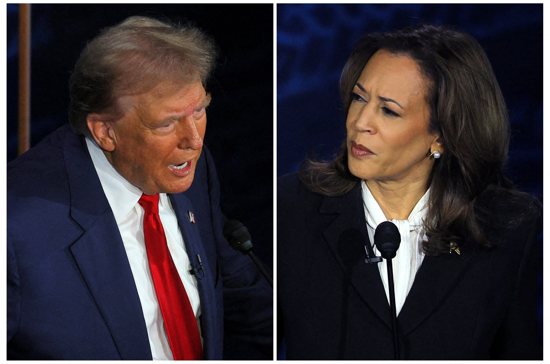Former U.S. President Donald Trump, the Republican presidential nominee, and U.S. Vice President Kamala Harris, the Democratic presidential nominee, are pictured in a combination photo taking part in the presidential debate at the National Constitution Center in Philadelphia Sept. 10, 2024.