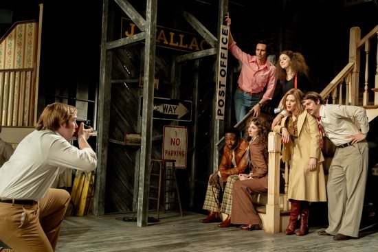 Dick Ebersol (Cooper Hoffman), Garrett Morris (Lamorne Morris), Chevy Chase (Cory Michael Smith), Laraine Newman (Emily Fairn), Gilda Radner (Ella Hunt), Jane Curtain (Kim Matula) and Dan Aykroyd (Dylan O’Brien) star in a scene from the movie "Saturday Night."