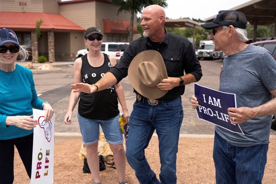 Pinal County Sheriff Mark Lamb, a Republican candidate for the U.S. Senate, introduces himself to voters at a pro-life demonstration in Payson, Ariz., May 18, 2024.