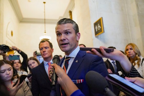 Defense secretary nominee Pete Hegseth speaks with the media as he departs a meeting on Capitol Hill in Washington Nov. 21, 2024. The Equestian Order of the Holy Sepulchre of Jerusalem has responded to public speculation about tattoos with the order's symbols worn by Hegseth, U.S. President-elect Donald Trump's nominee for defense secretary, amid accusations that the symbols may represent Christian nationalism.
