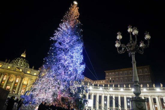 The Christmas tree is lighted in St. Peter's Square at the Vatican Dec. 9, 2023.