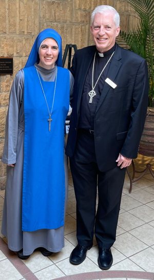 Servant of the Lord and Virgin of Matará Sister Muire Chroi Iosa with Bishop Kevin Kenney during a visit in August to the Twin Cities. 