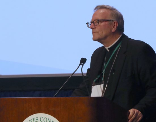 Bishop Robert E. Barron of Winona-Rochester, Minn., listens to a question while delivering remarks during a Nov. 13, 2024, session of the fall general assembly of the U.S. Conference of Catholic Bishops in Baltimore.