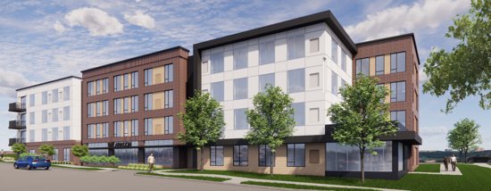A rendering of the proposed Aragon — 53 “apartment homes” for individuals and families below certain income thresholds — along White Bear Avenue North in St. Paul’s east side.