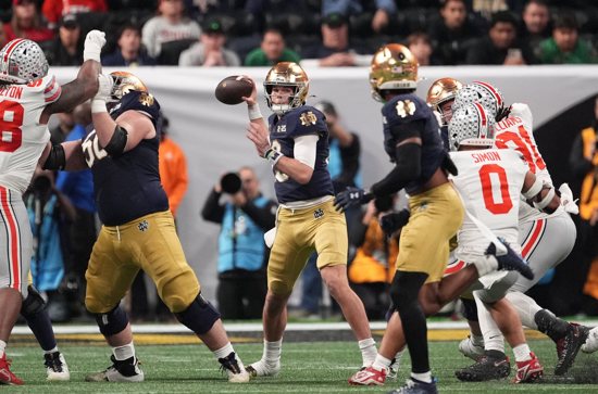 Notre Dame Fighting Irish quarterback Riley Leonard (13) throws a pass against the Ohio State Buckeyes in the first half in the CFP National Championship college football game at Mercedes-Benz Stadium in Atlanta Jan. 20, 2025. Ohio State defeated seventh-seeded Notre Dame 34-23. 