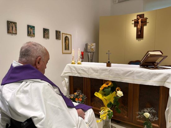 Pope Francis is seen in the chapel of his suite of rooms at Rome's Gemelli hospital March 16, 2025. The Vatican press office said the 88-year-old pope concelebrated Mass that morning. 