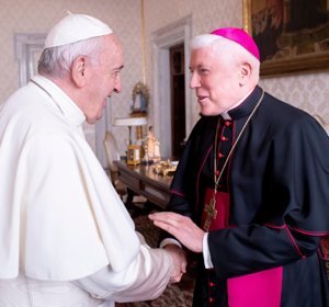 Pope Francis greets Bishop Daniel E. Thomas of Toledo, Ohio, during a meeting with U.S. bishops from Ohio and Michigan making their "ad limina" visits to the Vatican Dec. 10, 2019. Bishop Thomas, chair of the U.S. Catholic bishops' Committee on Pro-Life Activities, said the Jubilee Year is a time of hope for healing from the wounds of abortion, ahead of the Jan. 22 anniversary of Roe v. Wade.